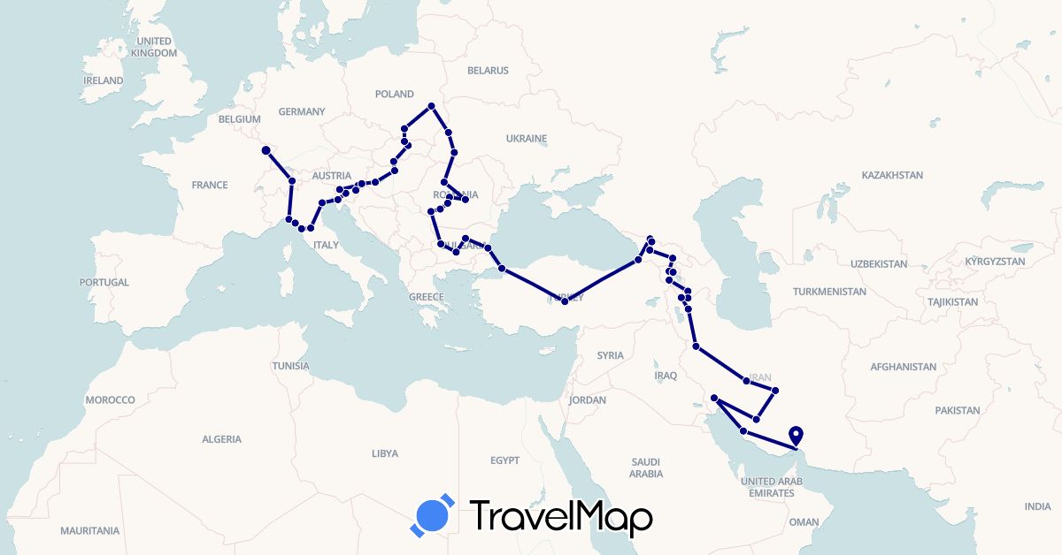TravelMap itinerary: driving in Armenia, Bulgaria, Switzerland, France, Georgia, Hungary, Iran, Italy, Poland, Romania, Slovenia, Slovakia, Turkey, Ukraine (Asia, Europe)